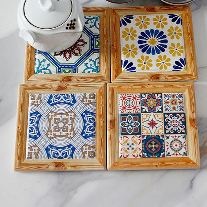 Bohemian Hand-Painted Floral Tile Ceramic Coaster with Cork Base | Table Decor