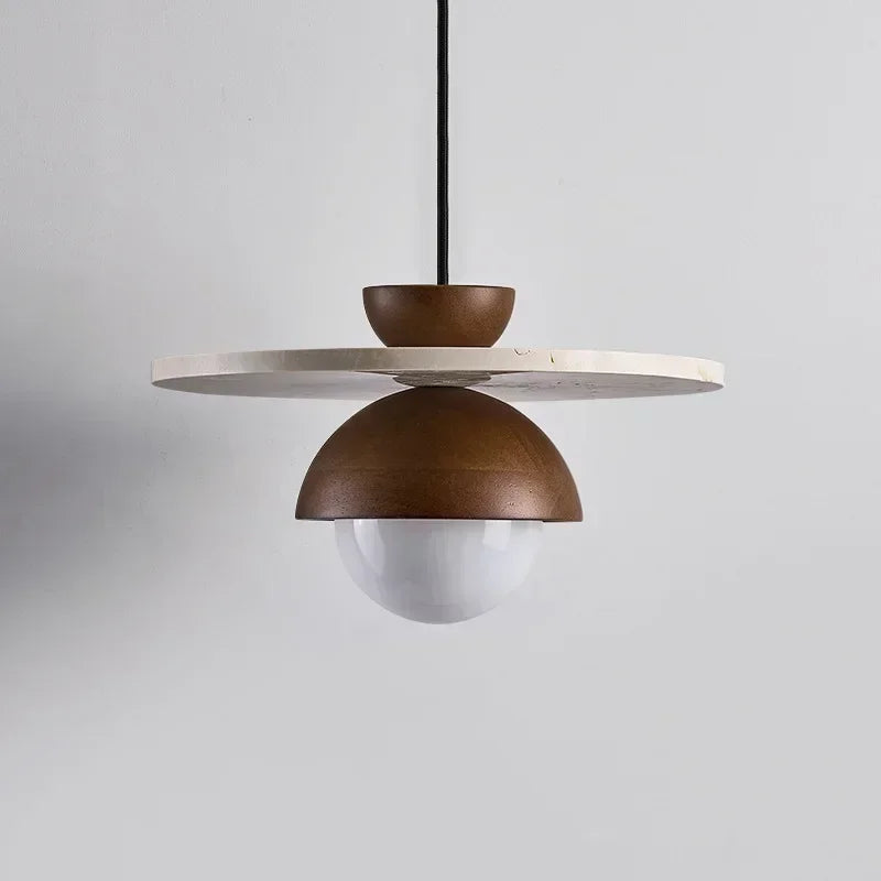 Walnut and Stone Pendant Light - Scandinavian LED Chandelier with Wood Dome and Stone Disc for Dining Room, Kitchen Island