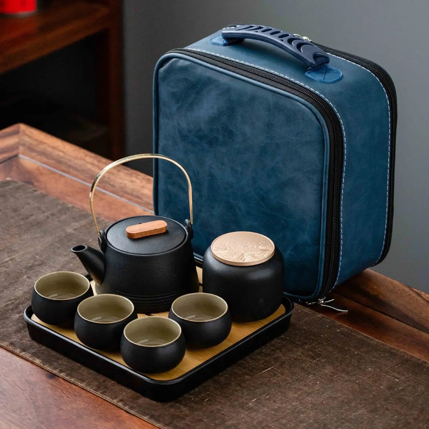 Black Ceramic Kung Fu Tea Set with Travel Case & Dragon Tea Pet