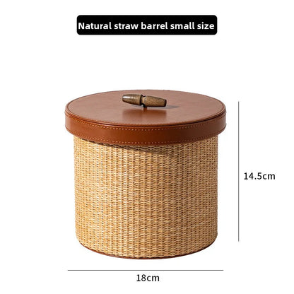 Luxury Natural Straw & Leather Tissue Box Multifunctional Storage Set