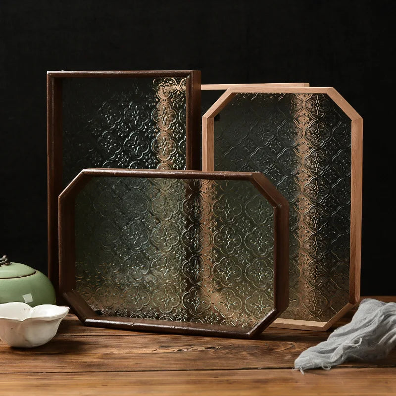 Japan-Style Wood & Embossed Glass Serving Tray