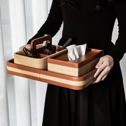 Luxury Natural Straw & Leather Tissue Box Multifunctional Storage Set
