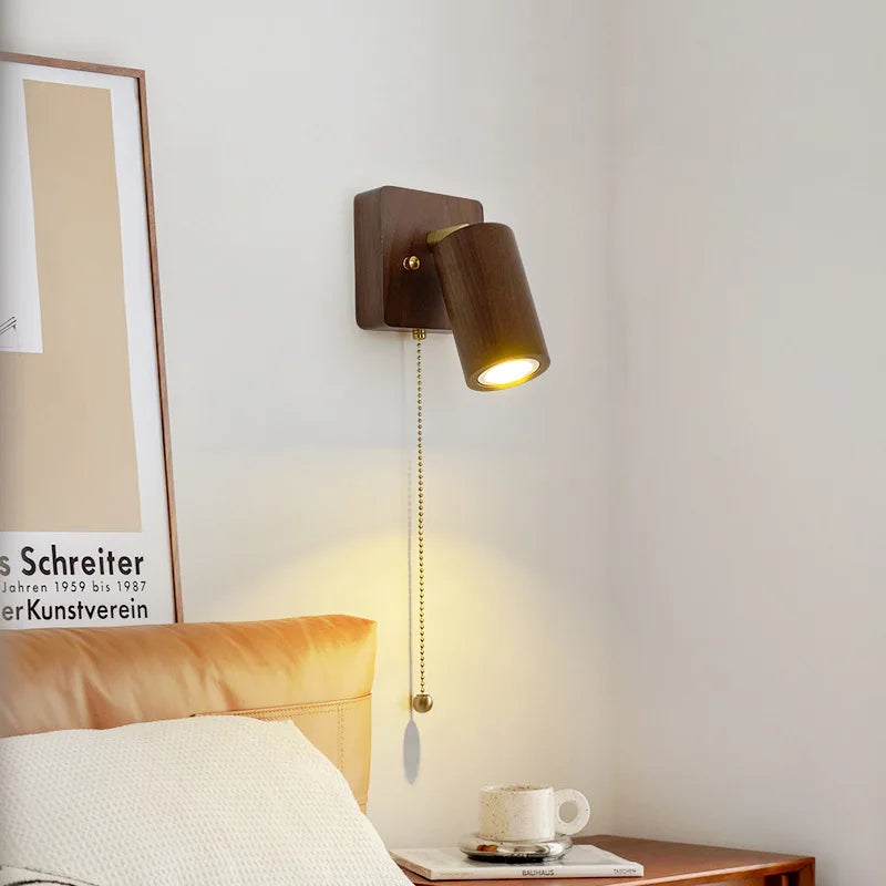 Walnut Wall Lamp LED Spotlight - Rotatable Solid Wood and Brushed Brass Sconce for Bedside, Reading Nook, Retro Modern