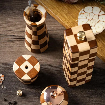Solid Wood Checkerboard Pepper Grinder & Sea Salt Mill