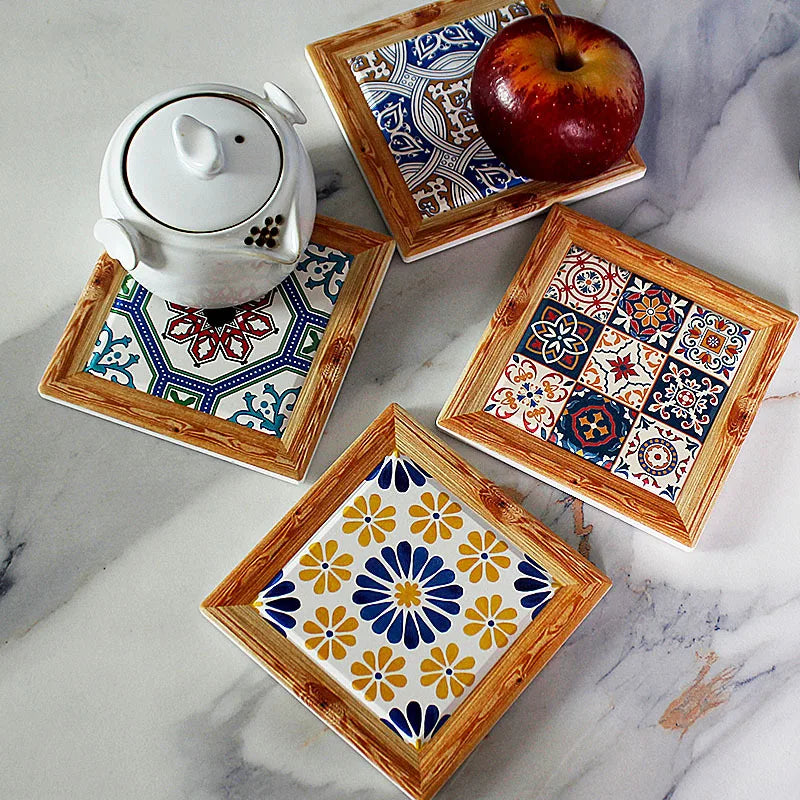 Bohemian Hand-Painted Floral Tile Ceramic Coaster with Cork Base | Table Decor