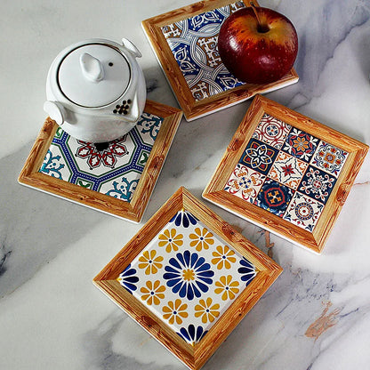 Bohemian Hand-Painted Floral Tile Ceramic Coaster with Cork Base | Table Decor