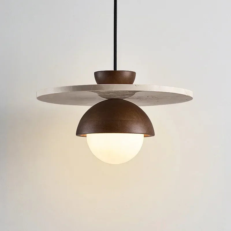 Walnut and Stone Pendant Light - Scandinavian LED Chandelier with Wood Dome and Stone Disc for Dining Room, Kitchen Island