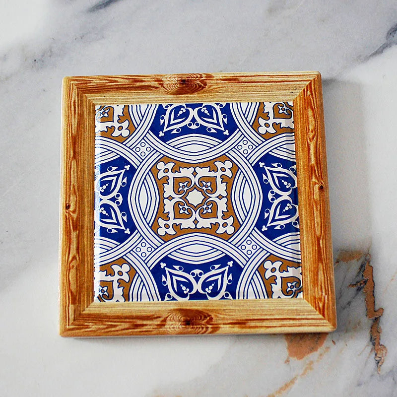 Bohemian Hand-Painted Floral Tile Ceramic Coaster with Cork Base | Table Decor