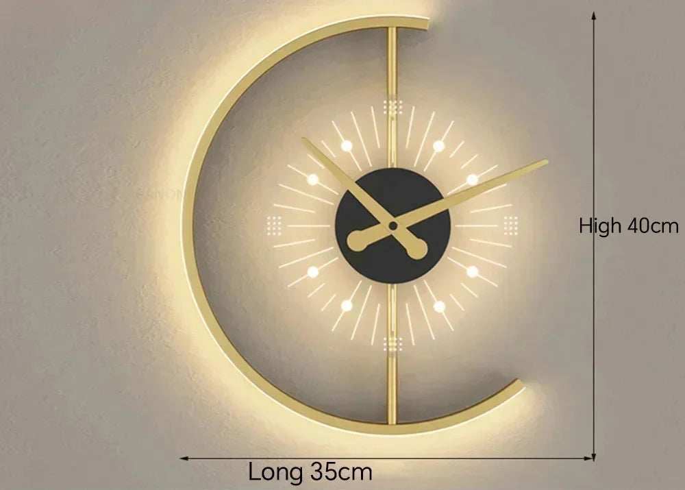 Wall Lamp and Clock Combined - Post Modern Golden Crescent LED Sconce with Clock for Bedroom, Living Room, Hallway Decor
