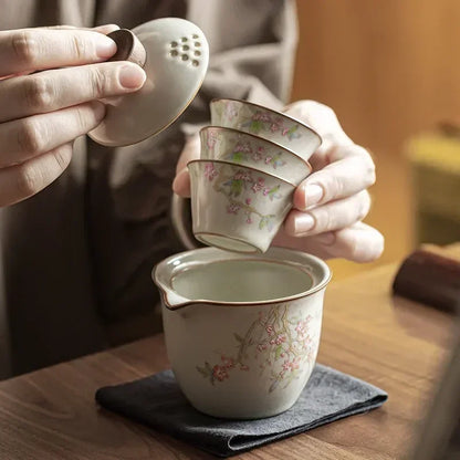 Peach Blossom Ceramic Travel Tea Set with Case