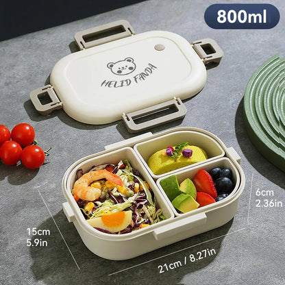 Bento Lunch Box 800ml Leak Proof - Portable Food Container with 3 Removable Compartments for Kids, School, Work, Travel