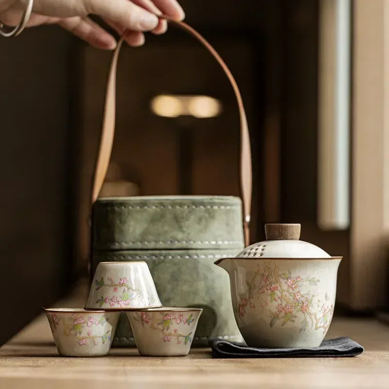 Peach Blossom Ceramic Travel Tea Set with Case