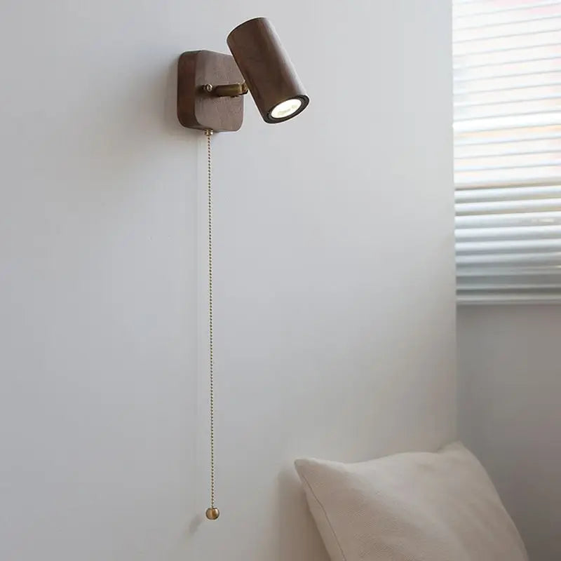Walnut Wall Lamp LED Spotlight - Rotatable Solid Wood and Brushed Brass Sconce for Bedside, Reading Nook, Retro Modern