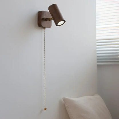 Walnut Wall Lamp LED Spotlight - Rotatable Solid Wood and Brushed Brass Sconce for Bedside, Reading Nook, Retro Modern