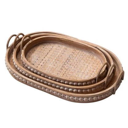 Vintage Oval Rattan Wooden Serving Tray with Handles