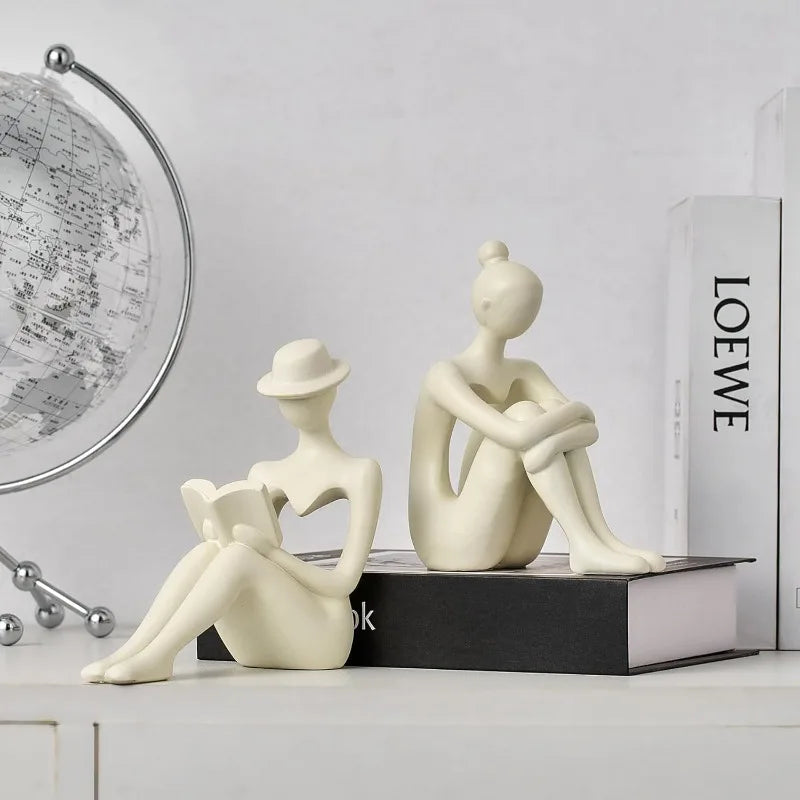 Abstract Reading Woman Bookshelf Statue