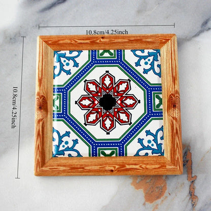 Bohemian Hand-Painted Floral Tile Ceramic Coaster with Cork Base | Table Decor