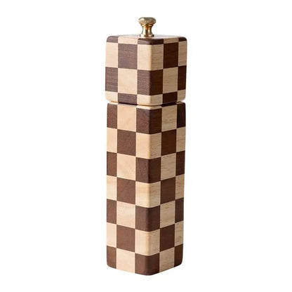 Solid Wood Checkerboard Pepper Grinder & Sea Salt Mill