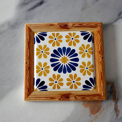 Bohemian Hand-Painted Floral Tile Ceramic Coaster with Cork Base | Table Decor