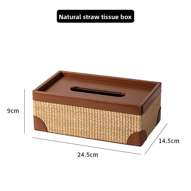 Luxury Natural Straw & Leather Tissue Box Multifunctional Storage Set