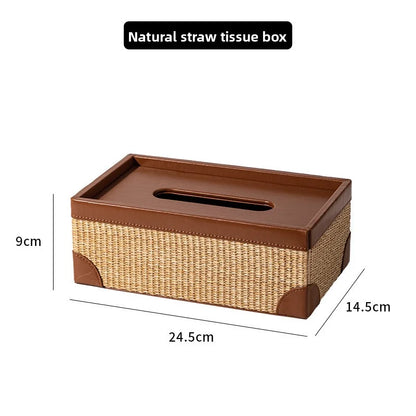 Luxury Natural Straw & Leather Tissue Box Multifunctional Storage Set