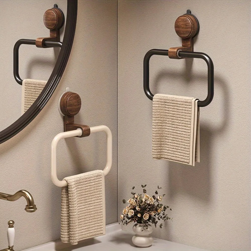 Vintage Wood & Metal Suction Cup Towel Ring