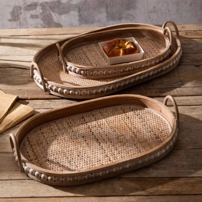 Vintage Oval Rattan Wooden Serving Tray with Handles