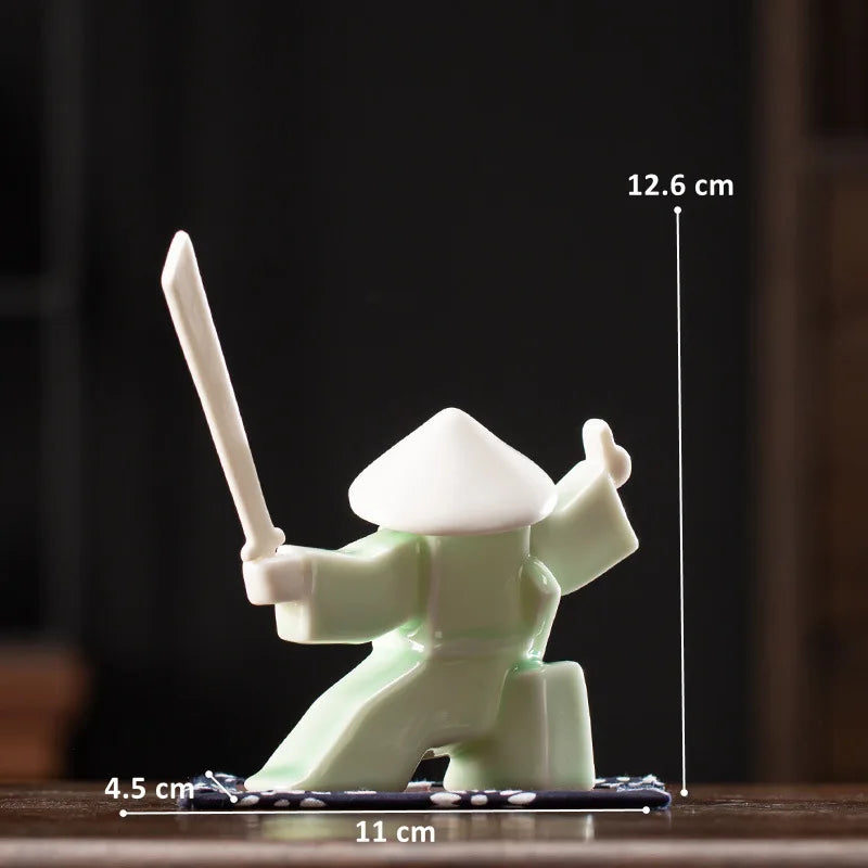 Ceramic Samurai Figurine - Geometric Oriental Desk Decor