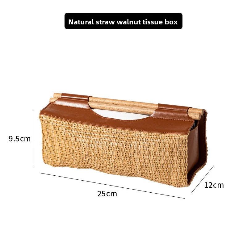 Luxury Natural Straw & Leather Tissue Box Multifunctional Storage Set
