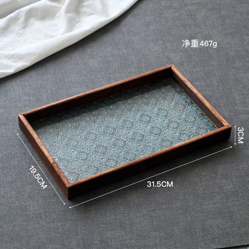 Japan-Style Wood & Embossed Glass Serving Tray