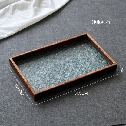 Japan-Style Wood & Embossed Glass Serving Tray