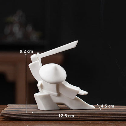 Ceramic Samurai Figurine - Geometric Oriental Desk Decor