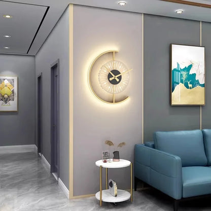 Wall Lamp and Clock Combined - Post Modern Golden Crescent LED Sconce with Clock for Bedroom, Living Room, Hallway Decor
