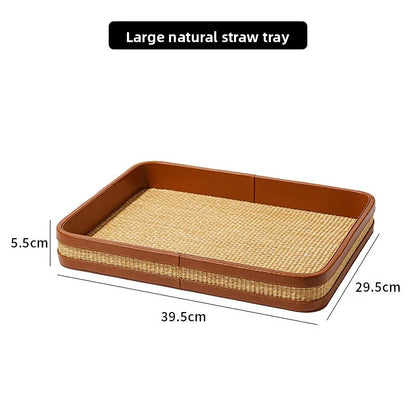 Luxury Natural Straw & Leather Tissue Box Multifunctional Storage Set