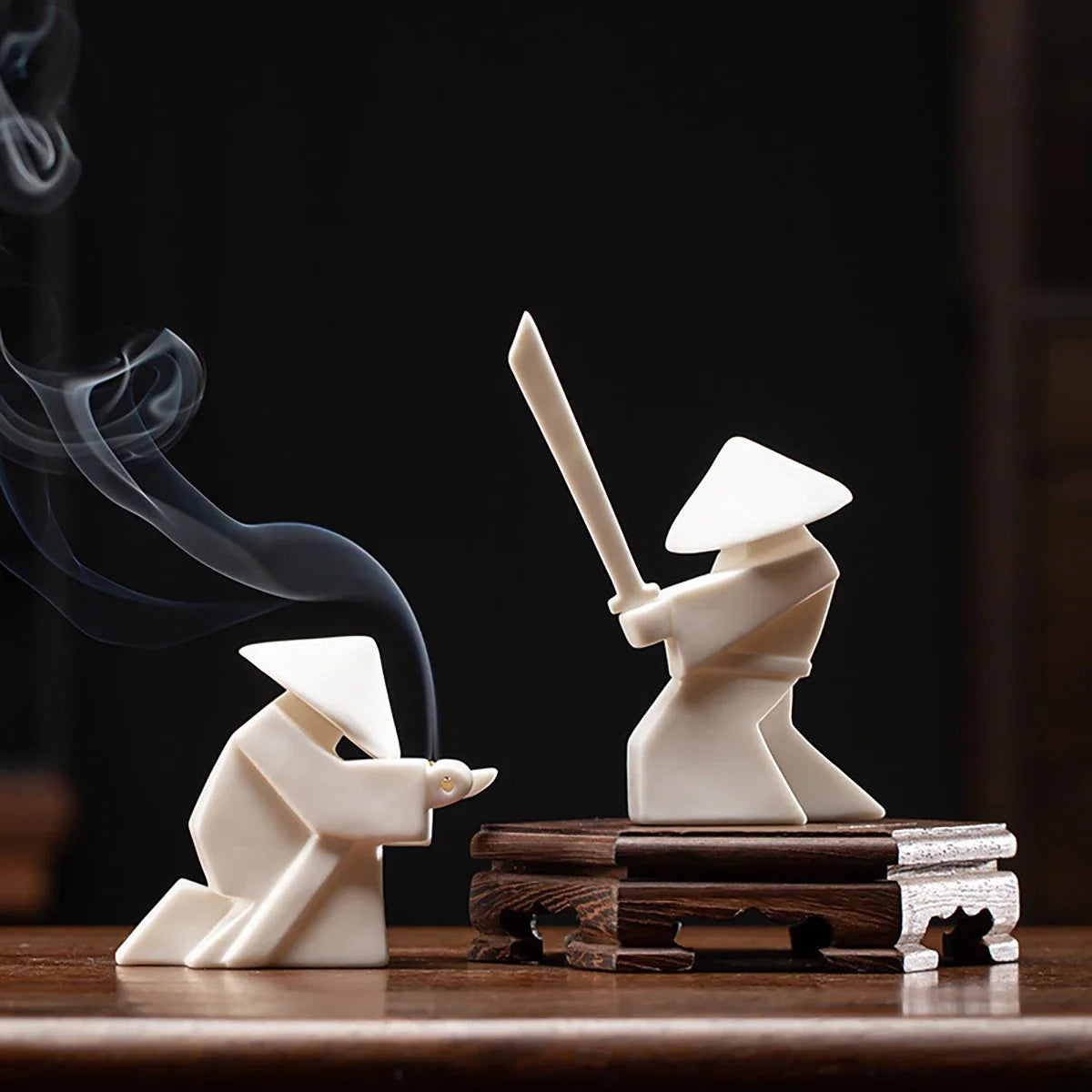 Ceramic Samurai Figurine - Geometric Oriental Desk Decor