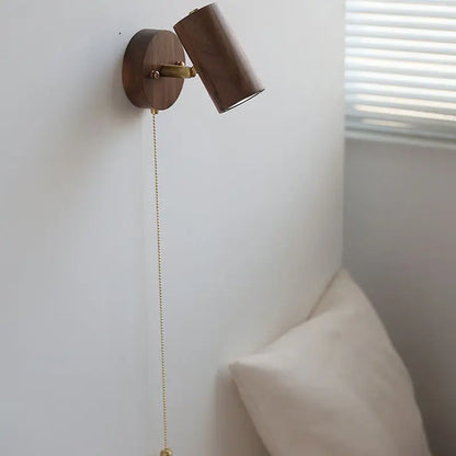 Walnut Wall Lamp LED Spotlight - Rotatable Solid Wood and Brushed Brass Sconce for Bedside, Reading Nook, Retro Modern