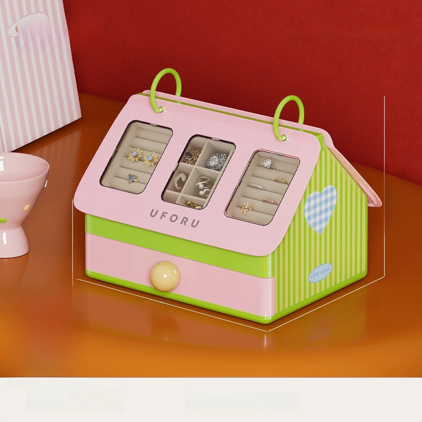 House-Shaped 9-Grid Jewelry Storage Box with Flip Cover