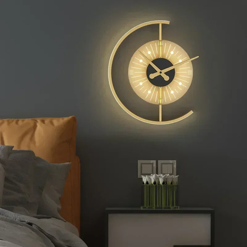 Wall Lamp and Clock Combined - Post Modern Golden Crescent LED Sconce with Clock for Bedroom, Living Room, Hallway Decor