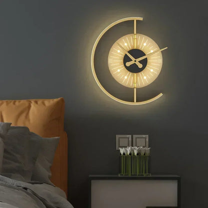 Wall Lamp and Clock Combined - Post Modern Golden Crescent LED Sconce with Clock for Bedroom, Living Room, Hallway Decor
