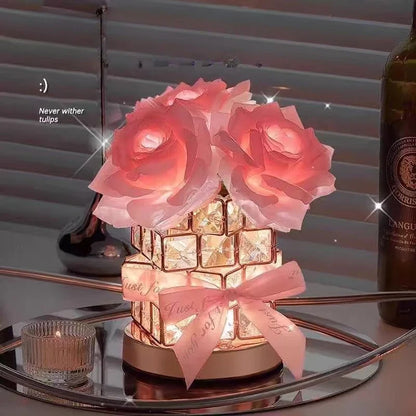 Romantic Rose Crystal Cube Table Lamp