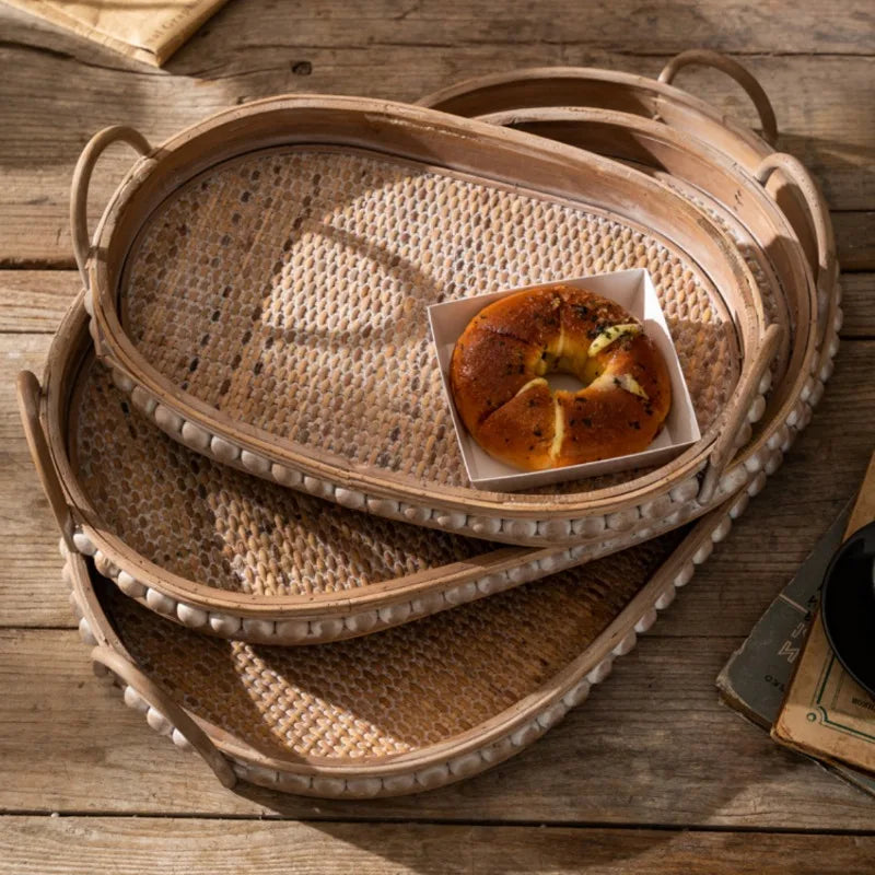 Vintage Oval Rattan Wooden Serving Tray with Handles