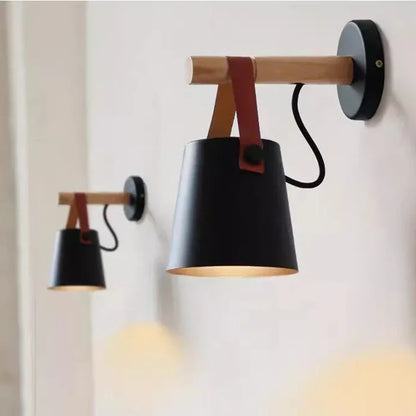 Nordic Wood & Leather Wall Lamp | Hanging Bedside Light