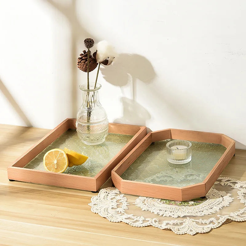 Japan-Style Wood & Embossed Glass Serving Tray