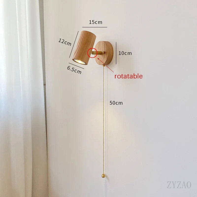 Walnut Wall Lamp LED Spotlight - Rotatable Solid Wood and Brushed Brass Sconce for Bedside, Reading Nook, Retro Modern