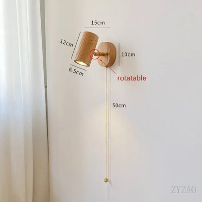 Walnut Wall Lamp LED Spotlight - Rotatable Solid Wood and Brushed Brass Sconce for Bedside, Reading Nook, Retro Modern