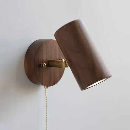 Walnut Wall Lamp LED Spotlight - Rotatable Solid Wood and Brushed Brass Sconce for Bedside, Reading Nook, Retro Modern