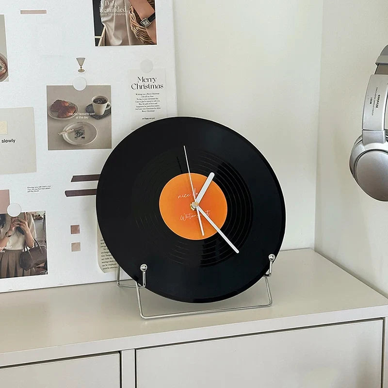 Retro Vinyl Record Dual-Use Desk & Wall Clock — Sunset Label PVC Analogue Clock