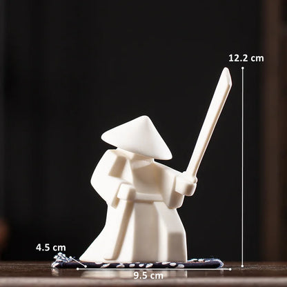 Ceramic Samurai Figurine - Geometric Oriental Desk Decor