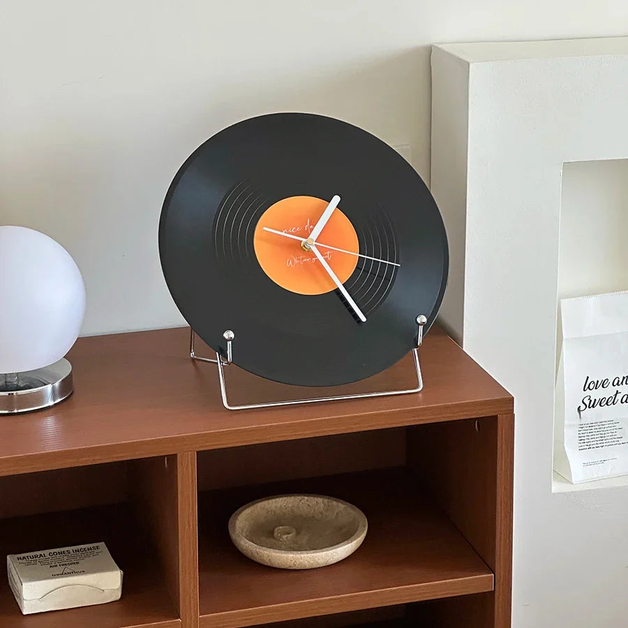 Retro Vinyl Record Dual-Use Desk & Wall Clock — Sunset Label PVC Analogue Clock