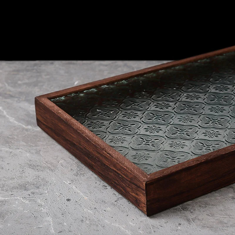 Japan-Style Wood & Embossed Glass Serving Tray